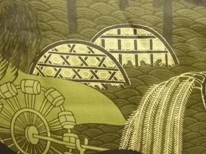 アンティーク　橋に柳・槌車模様肩裏紋付羽二重男物羽織